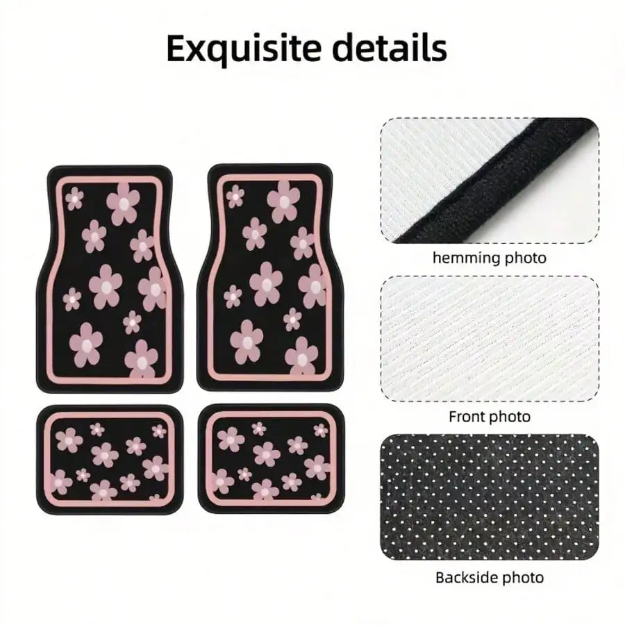 4pcs Car Floor Mats, Cute Pink Floral Design